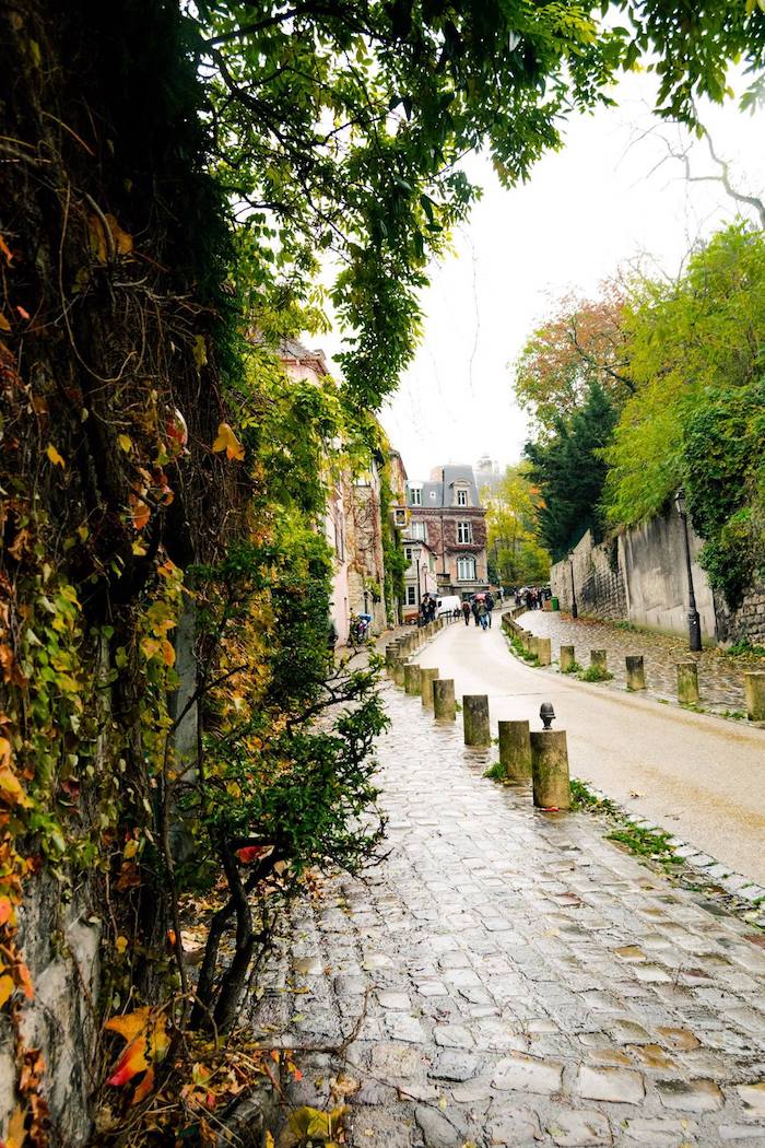 Rue de l'Abreuvoir in Montmartre. This beautiful street in the 18th arrondissement is one of the prettiest in Paris. Be sure to include this in your walking tour of Montmartre! #travel #Paris