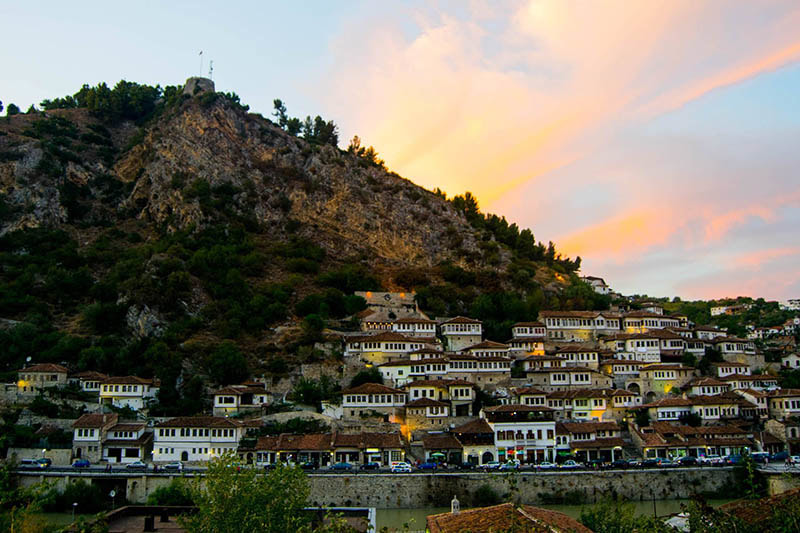 Sunset in Berat, one of the most beautiful places in Albania to visit. See why you should visit Albania through 50 beautiful Albania photos! 