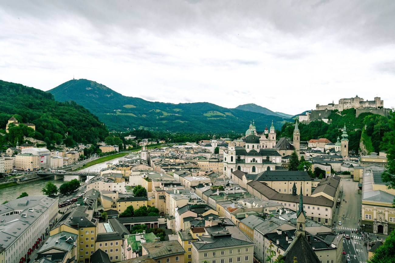 Beautiful view of Salzburg city center, including the Salzburg Castle, from a beautiful viewpoint that most tourists don't know about! 