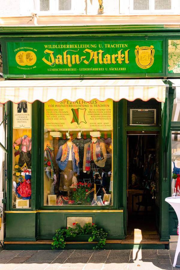 Beautiful tratchen shop in Salzburg, Austria.  Buying a tratchen (traditional Austrian clothes) is one of the best things to do in Austria! #austria #salzburg