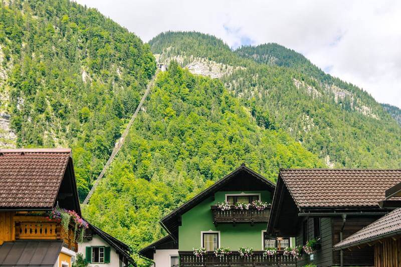 Lift above Hallstatt leading to the Hallstatt Salt Mines, one of the best things to do in Hallstatt and the reason why Hallstatt is a UNESCO recognized attraction.