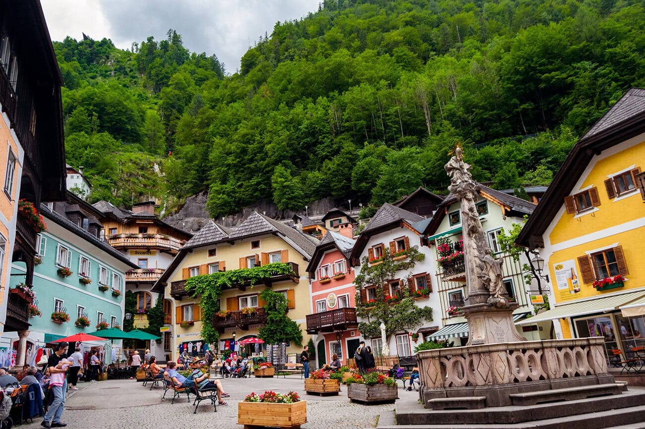 Beautiful town square of Hallstatt Austria, one of the best things to see in Hallstatt, Austria.