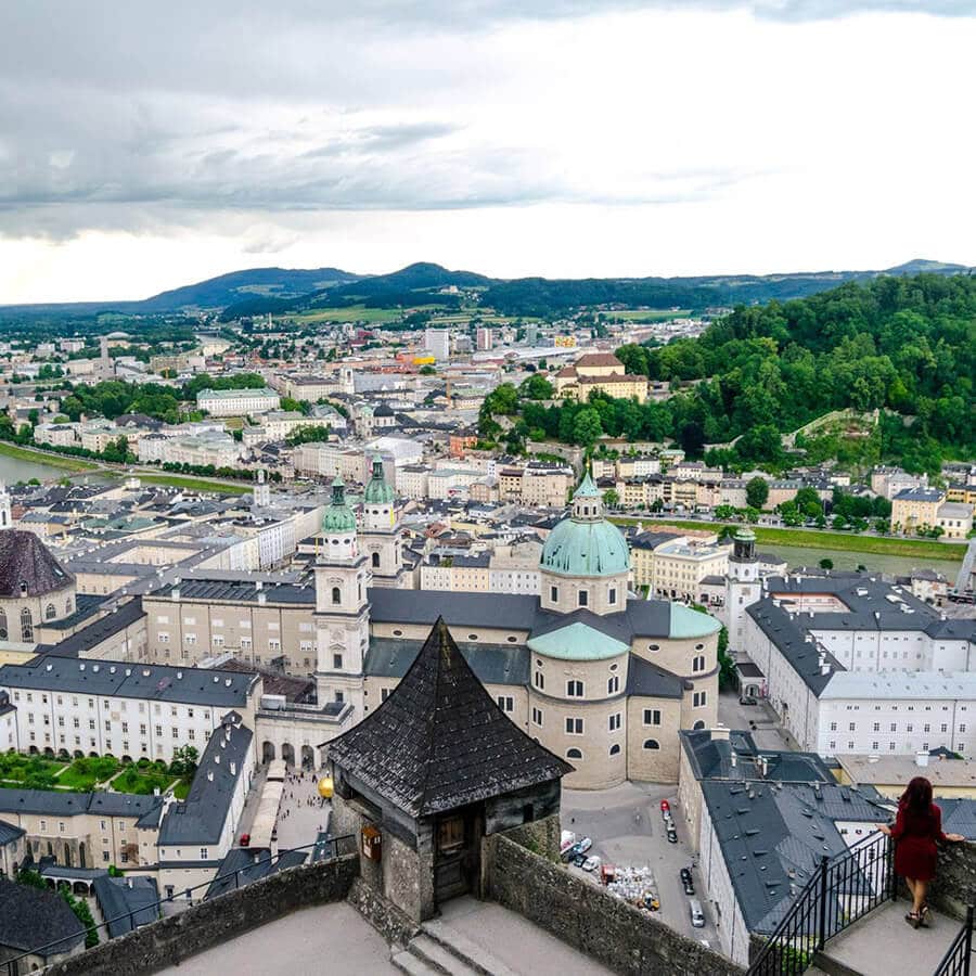 Beautiful view of Salzburg from Hohensalzburg Fortress (Salzburg castle), one of the best things to do in Salzburg. 