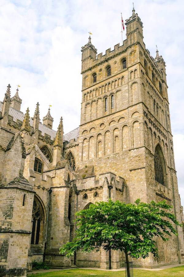 Stunning tower of Exeter Cathedral, one of the best things to do in Exeter, Devon!