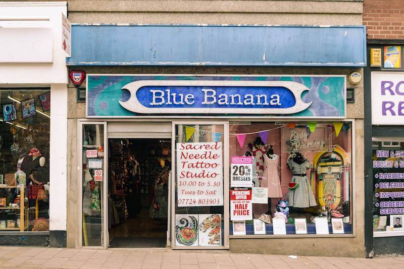 Exterior of Blue Banana, a popular destination for alternative shopping in Exeter.
