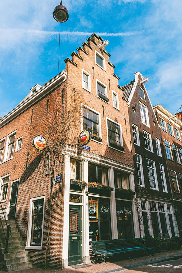 Exterior of Cafe Chris, one of Amsterdam's oldest cafes.  This classic Dutch bar is one of the best places to experience Amsterdam unfiltered! #amsterdam #holland #netherlands #nederland #bruinbar