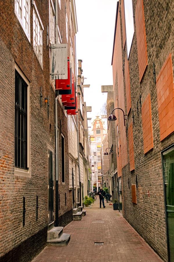 A picturesque street within the Red Light District in Amsterdam.