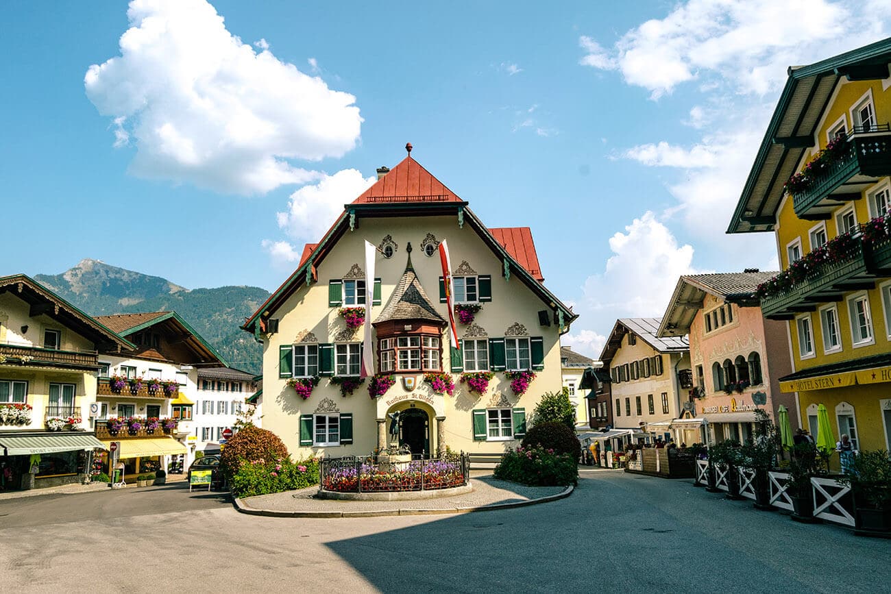 The beautiful city hall of St. Gilgen, Austria.  This beautiful town is the perfect alternative to Hallstatt and day trip from Salzburg to enjoy Austria's beautiful alpine lakes!