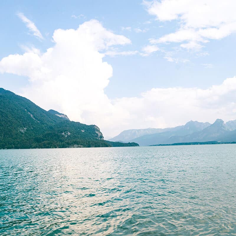 The beautiful Wolfgangsee seen from St. Gilgen, Austria.  Consider taking a swim in the lake in summer!