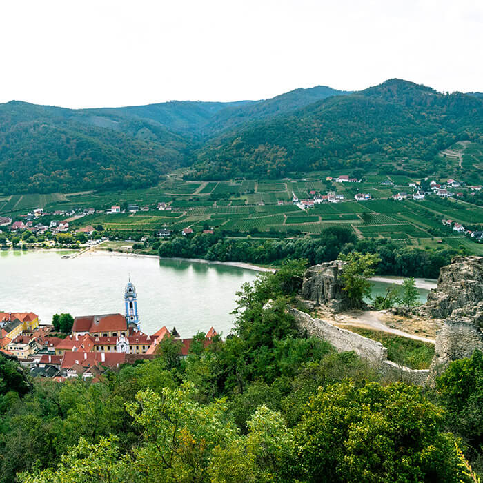 Beautiful view of Dürnstein from Burgruine Dürnstein, one of the best things to do in Dürnstein. These epic castle ruins are free to visit. #travel #austria