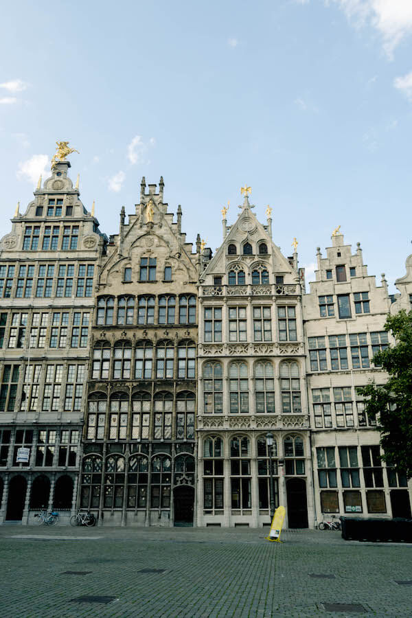 The beautiful medieval houses in the Grote Markt in Antwerp, Belgium.  Viewing the architecture is one of the best things to do in Antwerp in one day. #travel #antwerp #belgium