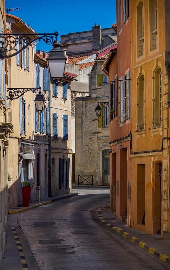 Beautiful cobblestoned street in Arles, France.