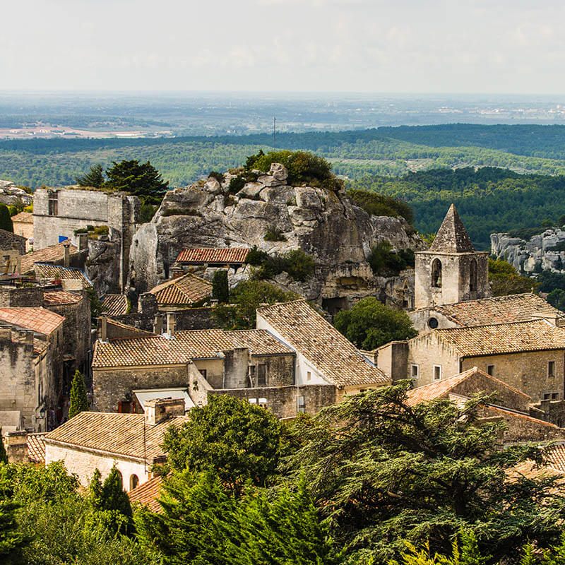 Stunning hilltop French village in Provence with stone and traditional houses in Les Baux de Provence