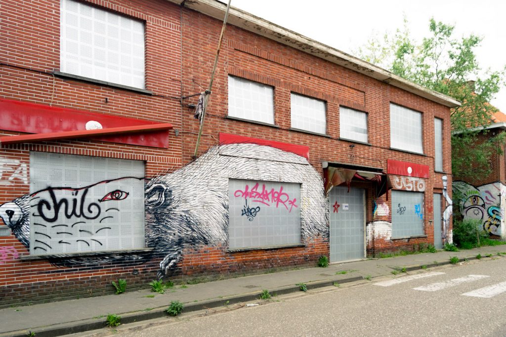 The famous street art of Doel, Belgium on an abandoned building by Belgian street artist Roa. Read what it's like to visit Doel, an abandoned town near Antwerpen. #streetart #doel #belgium #abandonedplaces #travel