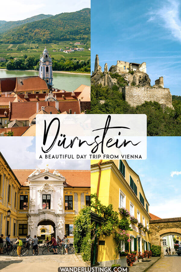 Looking for the prettiest day trip from Vienna? Head to the beautiful Wachau wine region to visit Dürnstein, one of the prettiest towns in Austria.  This gorgeous town even has castle ruins to explore! #travel #austria #vienna #europe