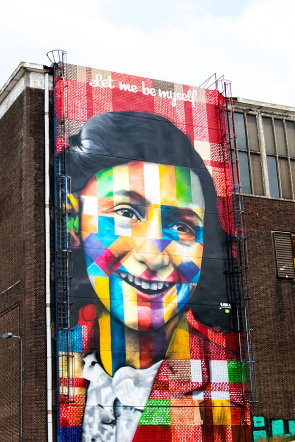 Mural of Anne Frank in Amsterdam Noord, a great off the beaten path of Amsterdam full of warehouses!