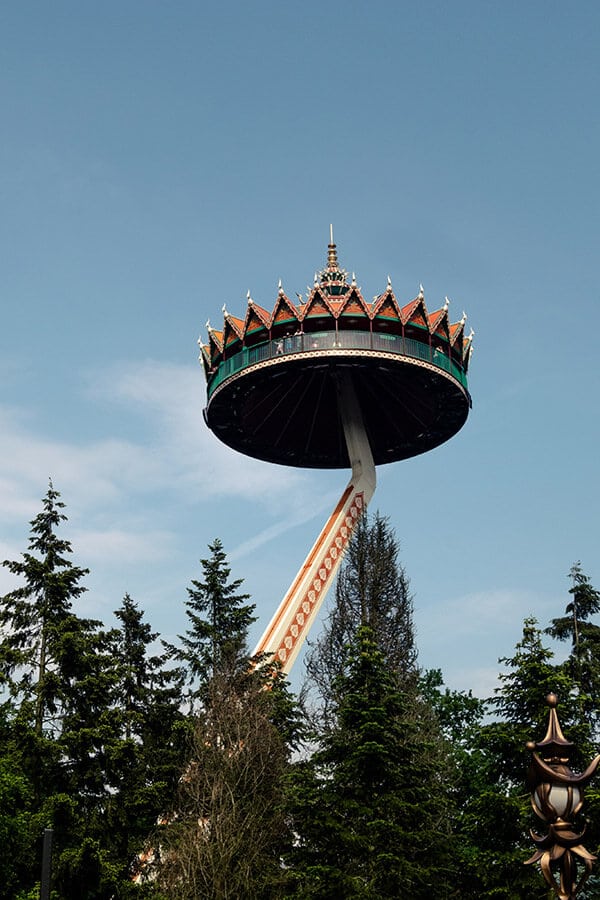 The Pagoda ride at Efteling.  This observation point ride gives you incredible views over this Dutch amusement park! #travel #nederland