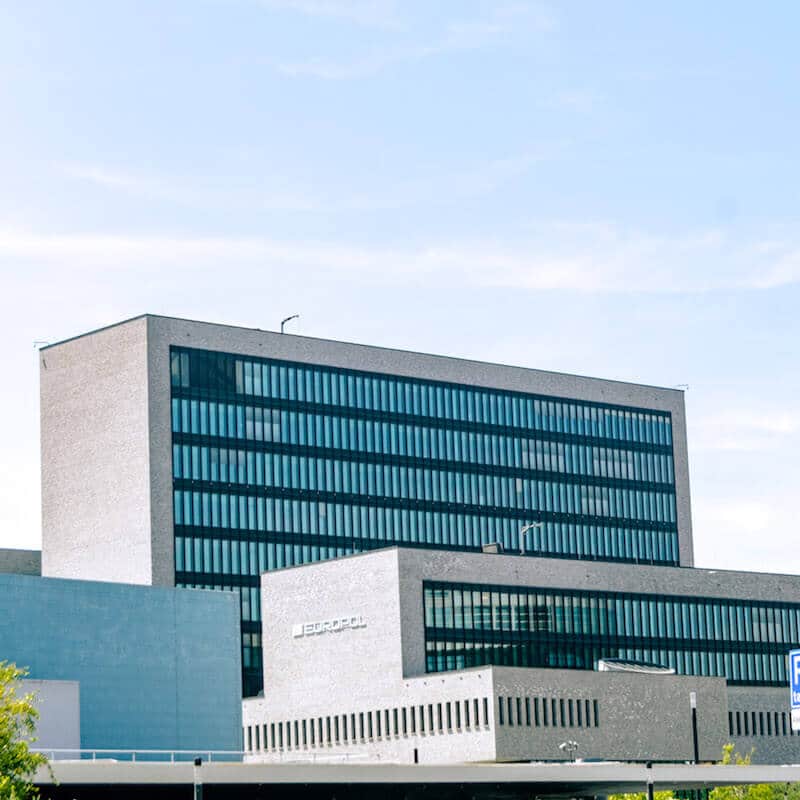 The Europol building in the Hague in a photograph taken from a distance. 