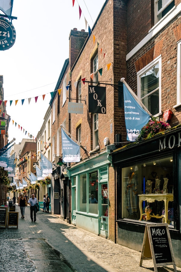 Photograph of Gandy Street in Exeter, one of the cutest shopping streets in Exeter. #exeter #devon 