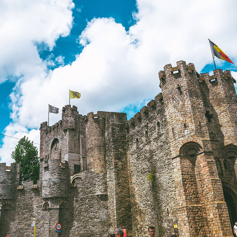 Exterior of the medieval castle Gravensteen in Gent, Belgium on a sunny day