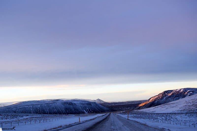 Photo of Ring Road in Iceland in winter. Find out more about self driving tours of Iceland in winter with tips for rental cars in iceland.