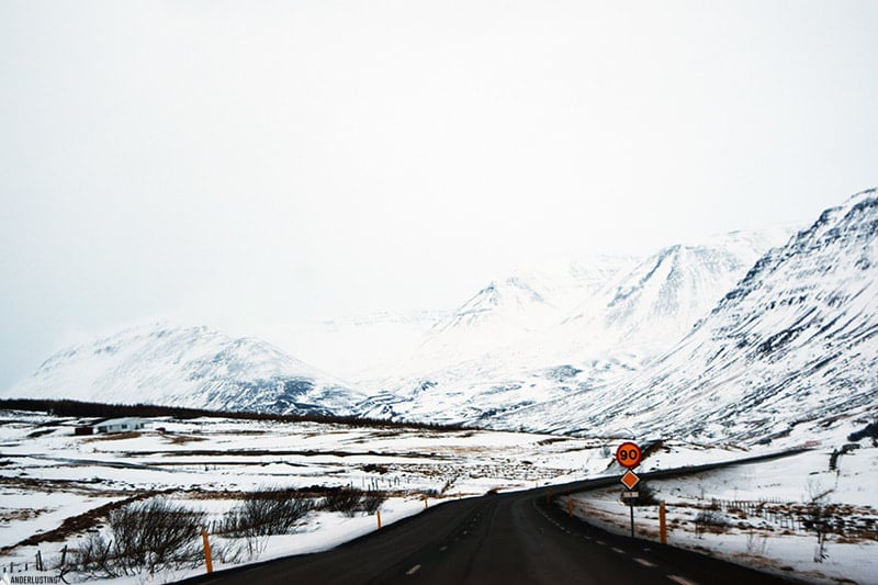Photo of snowy landscape on Ring Road in Iceland. Read more about Iceland winter and if you should road trip in Iceland in winter.