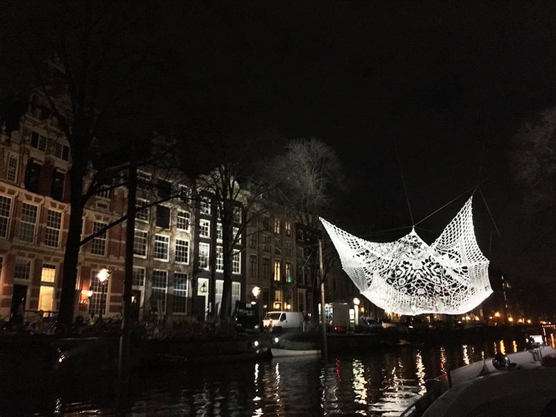 Light sculpture at night in Amsterdam.  Cycling along the canals is one of the joys of living in Amsterdam.