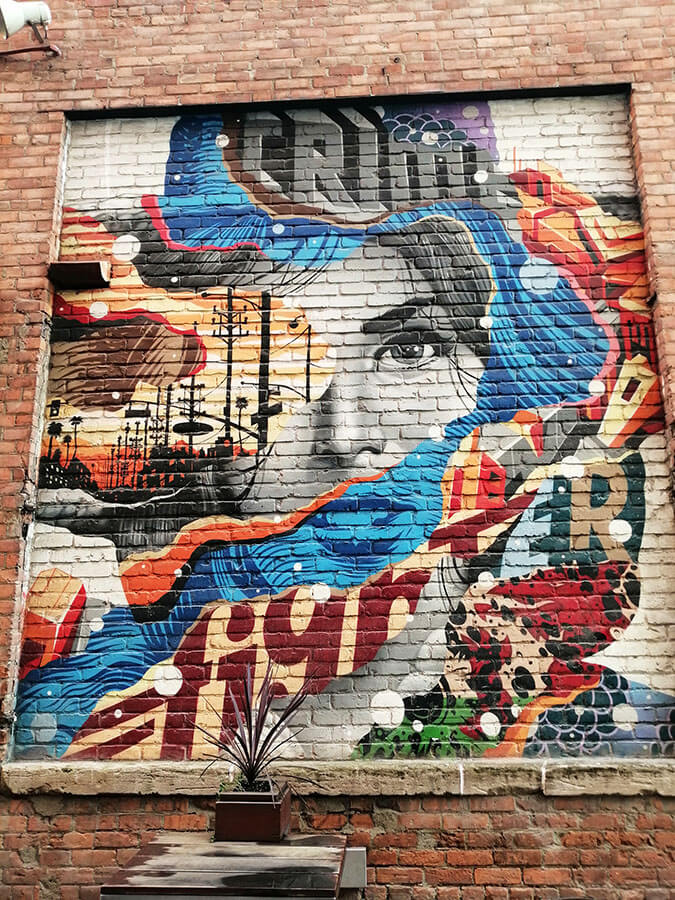 Beautiful street art of a woman seen within the Belt of Detroit, a cool street with street art