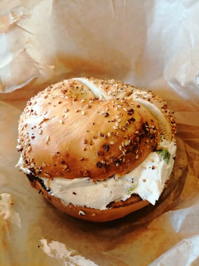 A delicious New York style bagel in New York City eaten during a weekend in New York City