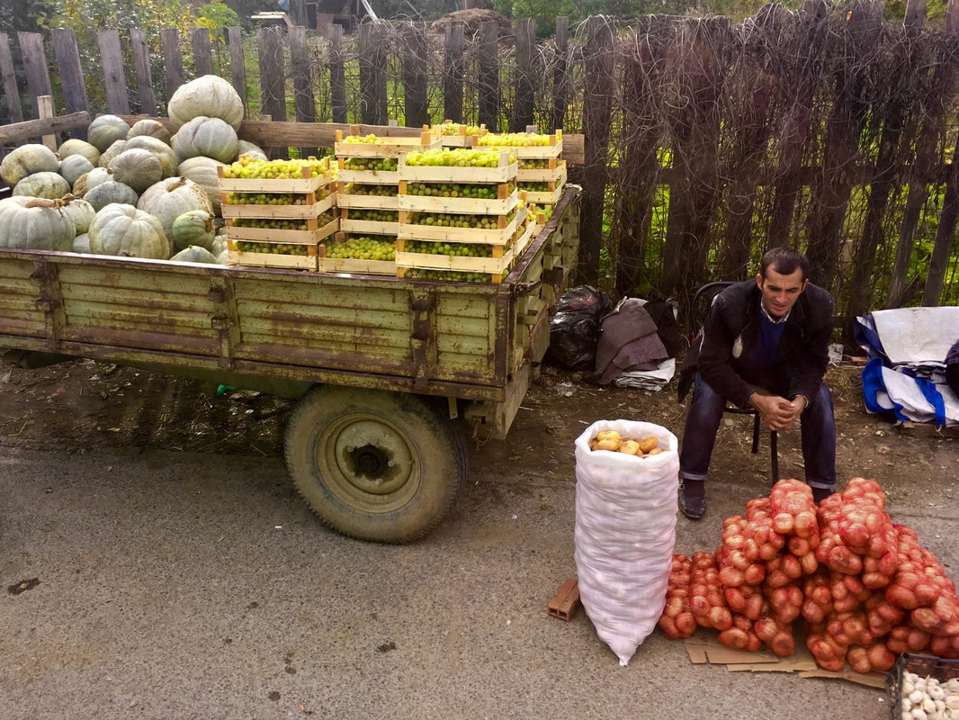 Vendor selling apples in Kosovo. 