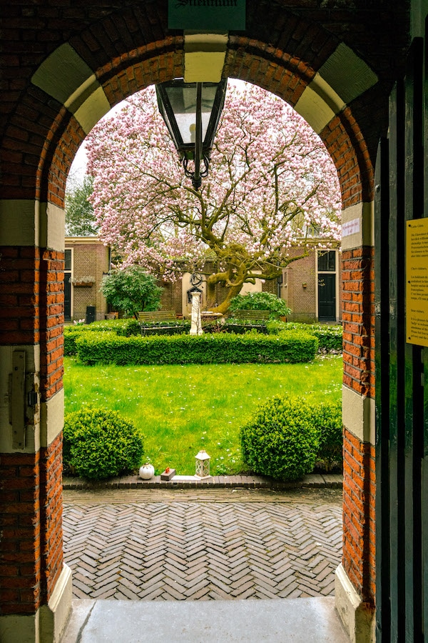 Interior of a hofje in Leiden, one of the many historic courtyards around the city worth visiting.