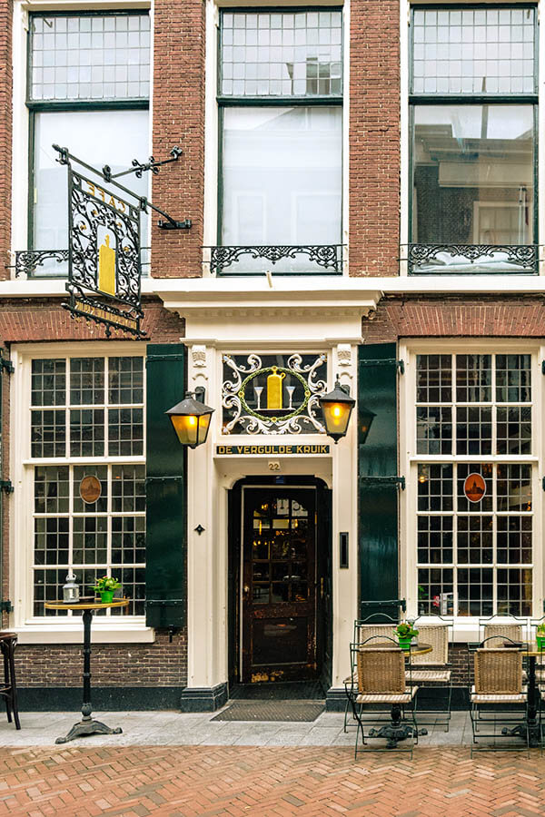 Outside of a famous brown bar in Leiden, one of the best activities for a rainy day in Leiden!