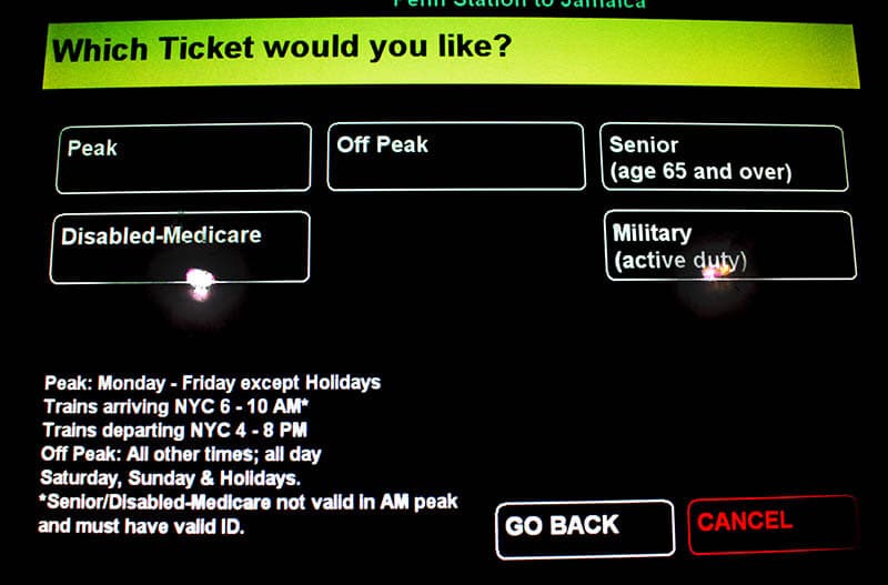 The screen for buying tickets from the LIRR for the train from Jamaica to Manhattan