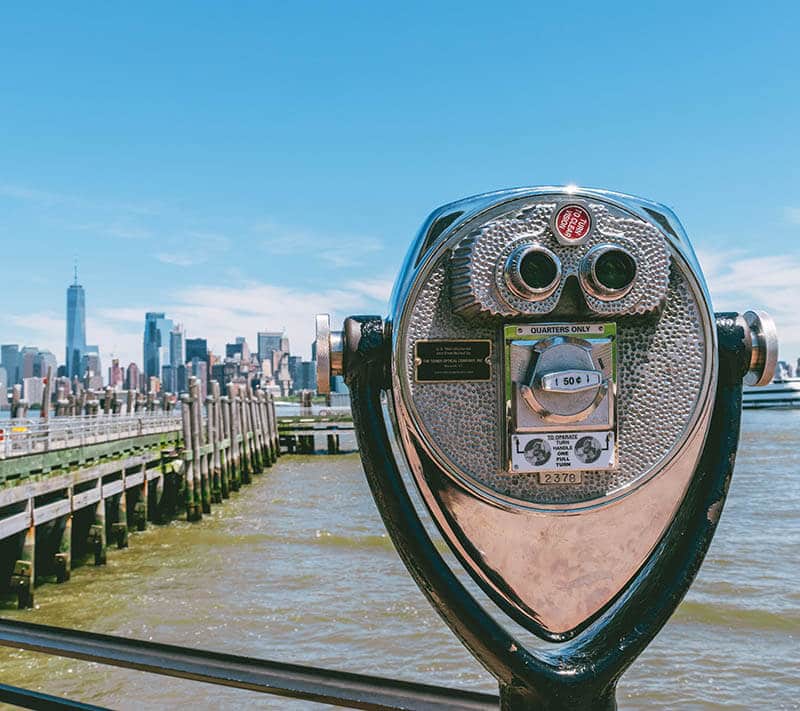 Viewfinder with view of Manhattan in the distance taken on Liberty Island.