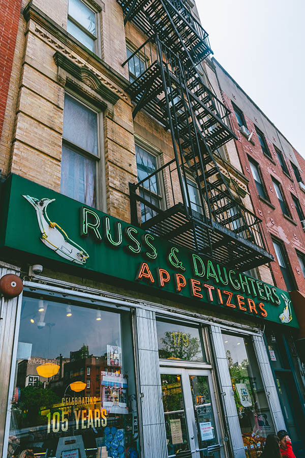 Exterior of Russ & Daughters, an iconic cafe on the Lower East Side of Manhattan