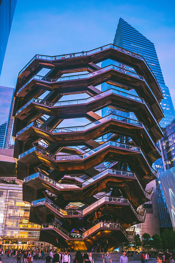 The Vessel, one of New York's best free attractions, seen around sunset