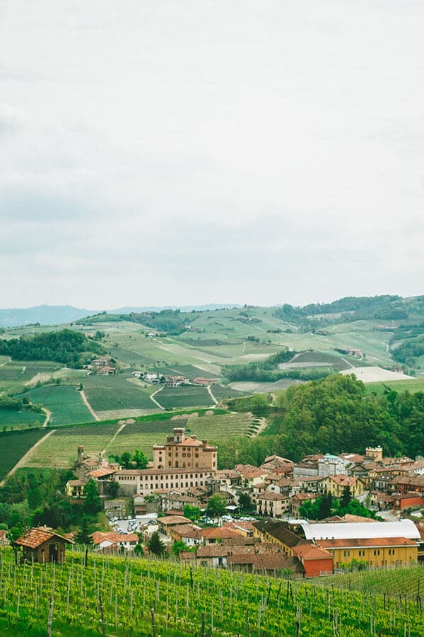 Beautiful view of Barolo, Italy from above. This Piedmont wine town is famous for Italian wine!