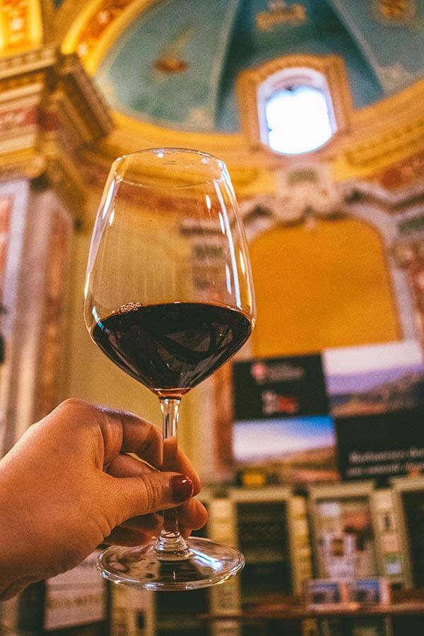 Glass of Barbaresco sampled in Barbaresco, Italy at an enoteca regionale