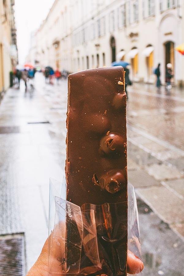 Piedmontese gianduja chocolate made with hazelnuts from one of the famous chocolatiers in Turin, Italy