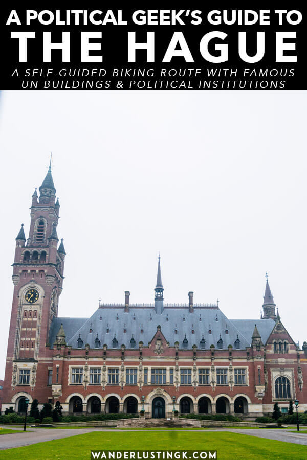 Love politics and United Nations related items? Follow this self-guided biking tour of the Hague to see the most important international institutions in the Hague (including the Peace Palace and ICC) and political buildings in the Hague.  This free self-guided tour is perfect for history and politics geeks visiting the Hague! #travel #hague #denhaag #holland #unitednations