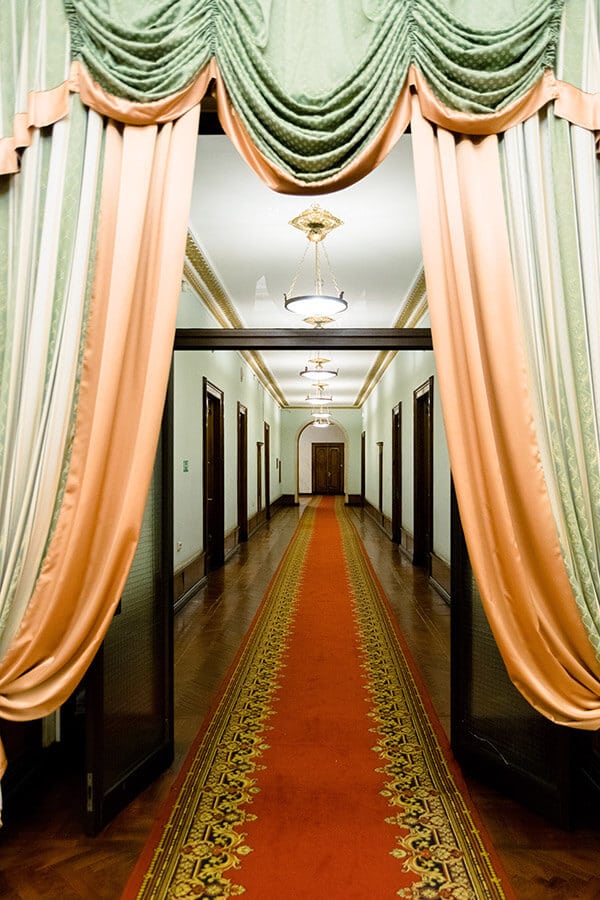 Wes Anderson-esque lobby at a retro hotel in Moscow