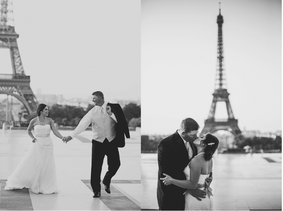 Romantic picture of couple in Paris kissing in front of Eiffel Tower. Read more about the most romantic places to elope, including Paris!